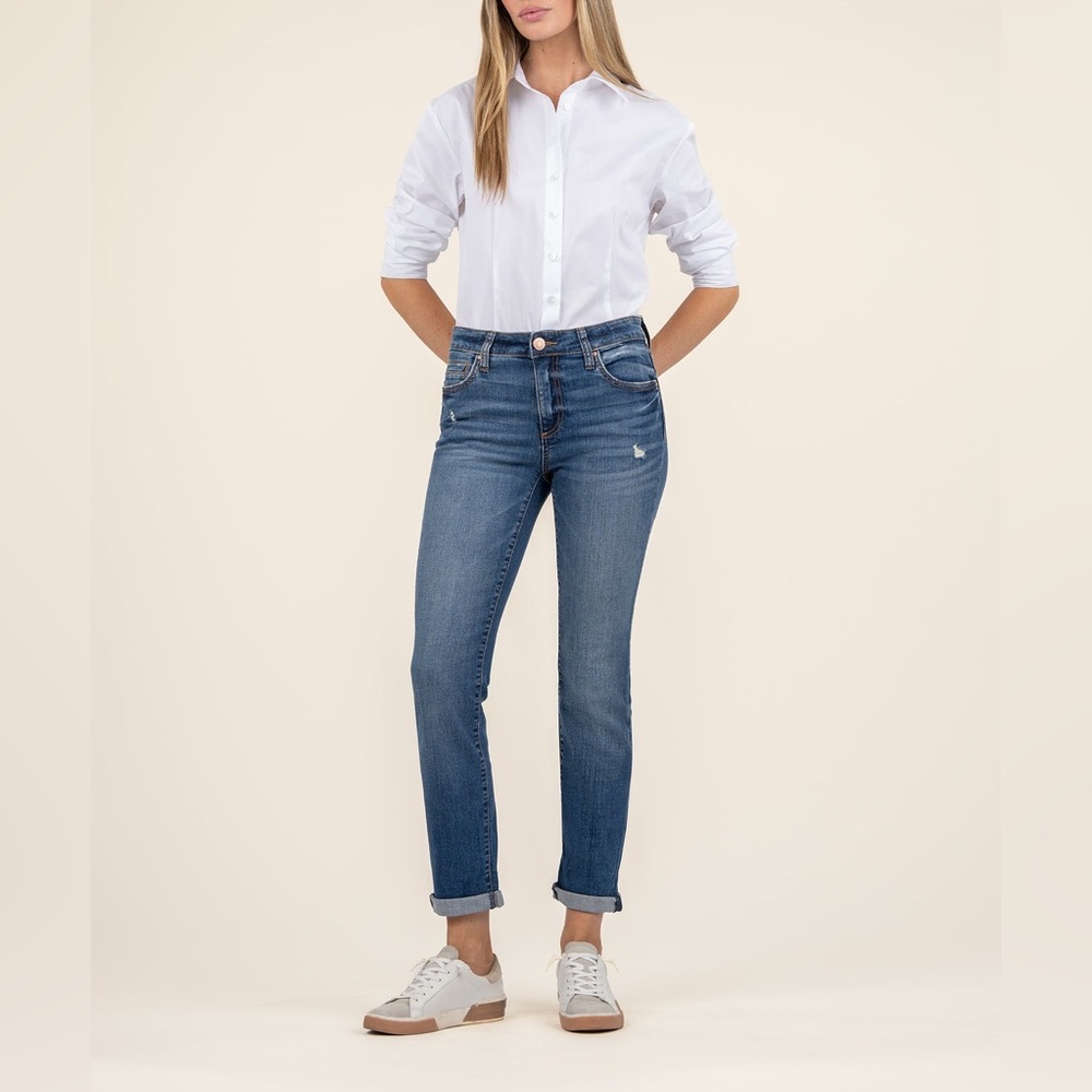 Kut from the Kloth Mid Rise Catherine Boyfriend Straight Leg Jeans Classic Denim